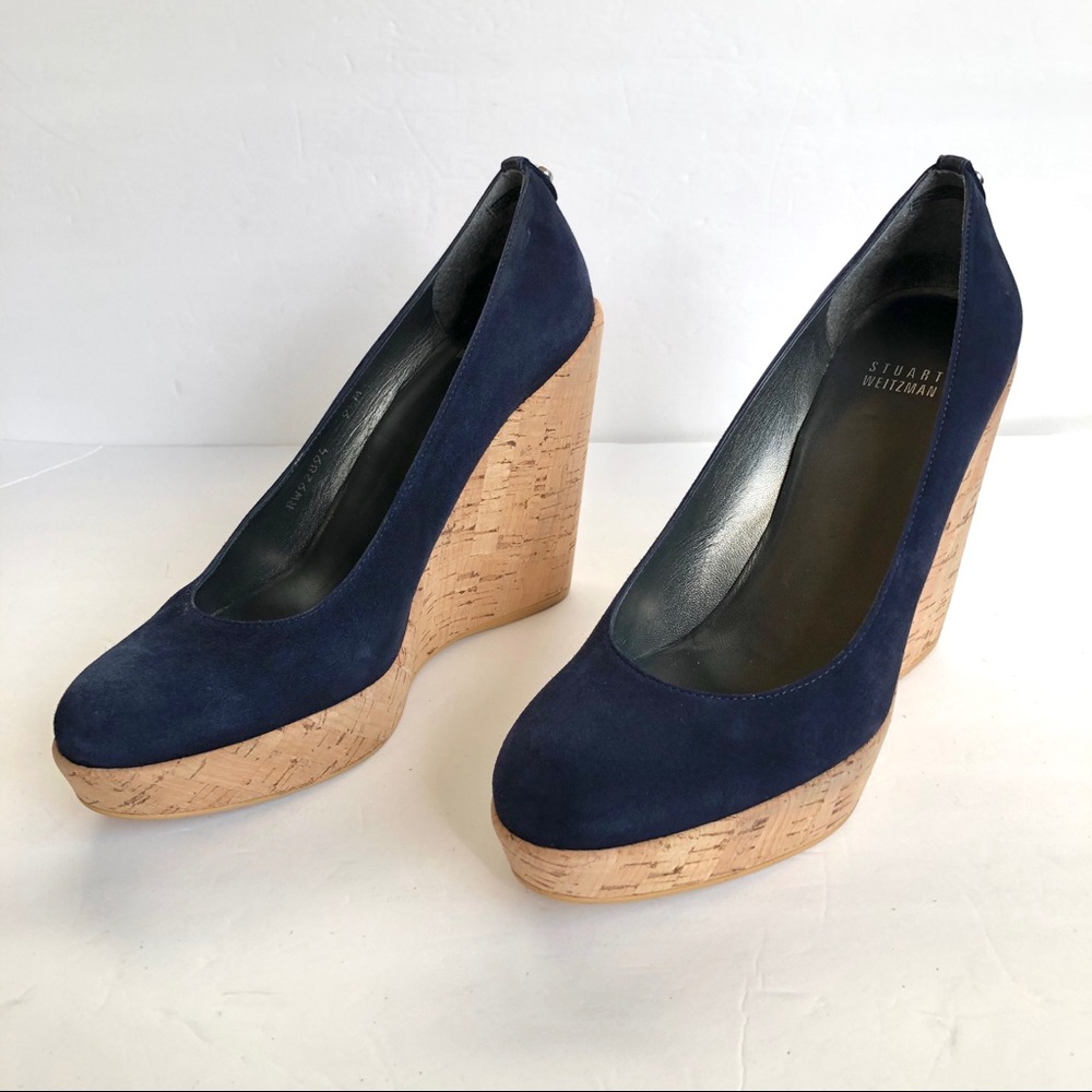 Stuart Weitzman Navy Corkswoon Suede Wedge Pumps